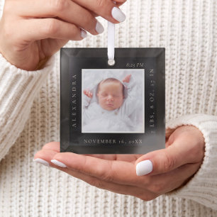 Minimal Baby Name Birth Stats Photo Black Keepsake Glass Tree Decoration
