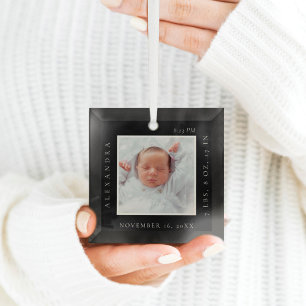 Minimal Baby Name Birth Stats Photo Black Keepsake Glass Tree Decoration