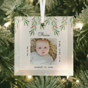 Minimal Baby Name & Birth Stats Photo Keepsake Glass Tree Decoration