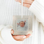 Minimal Baby Name & Birth Stats Photo Keepsake  Glass Tree Decoration<br><div class="desc">Minimal and modern simple baby photo & birth Stats keepsake photo ornament. The design features a simple minimal design with a square photo design to display your special baby photo. The Baby's Name,  date,  time,  and birth stats are displayed in a simple modern design around the photo.</div>