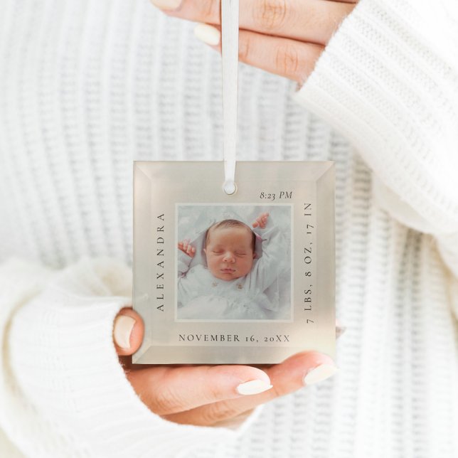Minimal Baby Name & Birth Stats Photo Keepsake  Glass Tree Decoration (Minimal Baby Name & Birth Stats Photo Keepsake Glass Ornament)