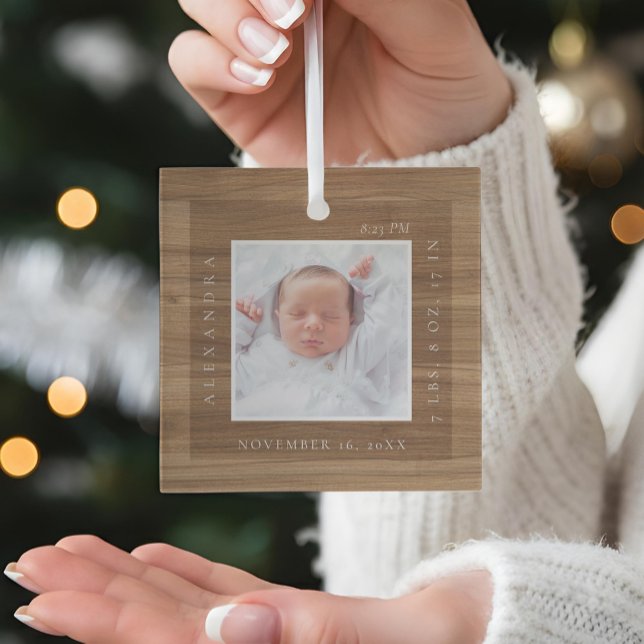 Minimal Baby Name & Birth Stats Photo Woodgrain Glass Tree Decoration (Minimal Baby Name & Birth Stats Photo Woodgrain Glass Ornament)