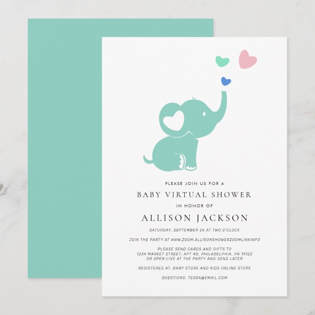 Minimal Baby Virtual Shower Mint Green Elephant Invitation (Front/Back)