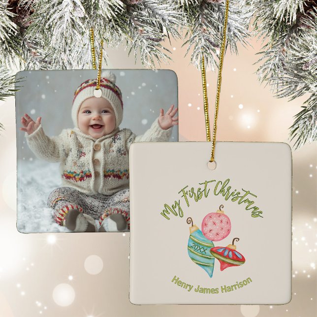 Minimal Baby's First Christmas Gender Neutral  Ceramic Ornament (Creator Uploaded)