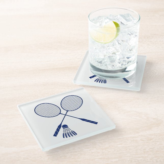 Minimal Badminton Rackets Shuttlecock Birdie Blue  Glass Coaster (Angled)
