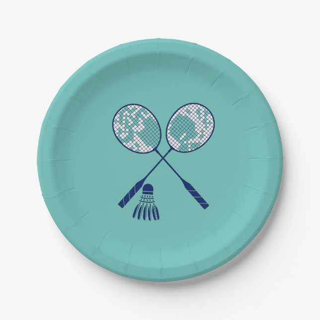 Minimal Badminton Rackets Shuttlecock Birdie Teal Paper Plate (Front)