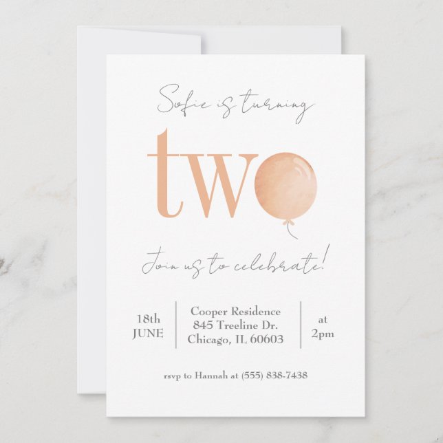 Minimal Balloon Second Birthday Invitation (Front)