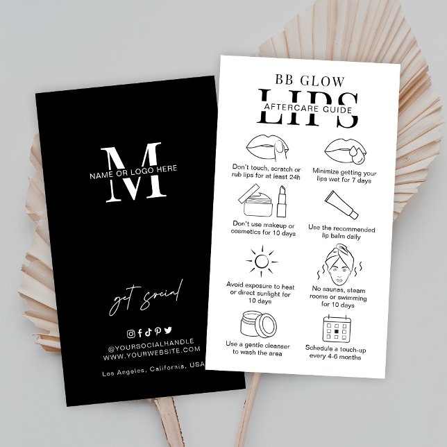 Minimal BB Glow Lips Aftercare Instructions Salon Business Card (BB Glow Lips after care instructions cards in fully editable minimalist black and white design)