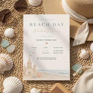 Minimal Beach Day Birthday Coastal Sandcastle Invitation