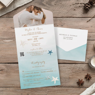 Minimal Beach Wedding with Photo QR code RSVP All In One Invitation