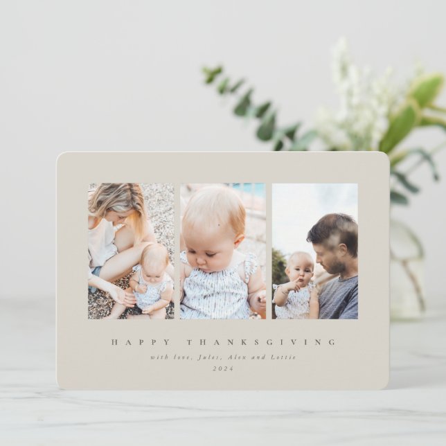 Minimal Beige Frame 3 Photo Happy Thanksgiving Holiday Card (Standing Front)
