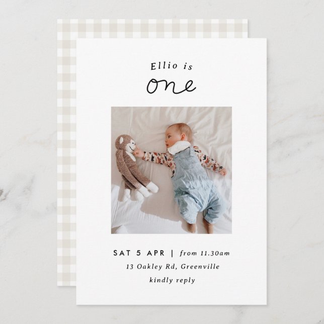 Minimal Beige Gingham Photo 1st Birthday Invite (Front/Back)