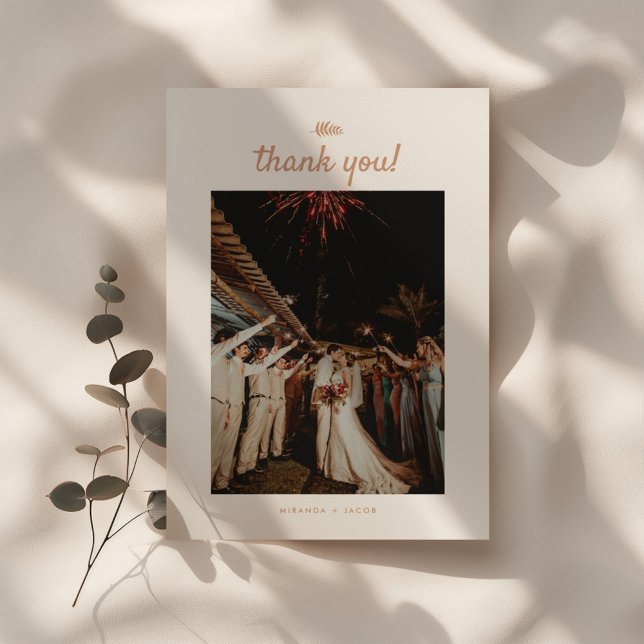 Minimal Beige Palm Leaf Wedding Photo Thank You Card (Creator Uploaded)