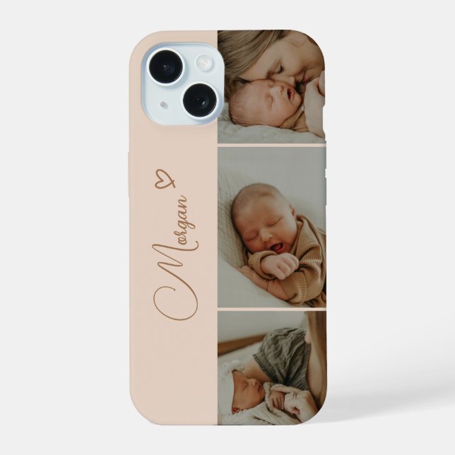 Minimal Beige Script 3 Photo Collage iPhone 15 Case (Back)