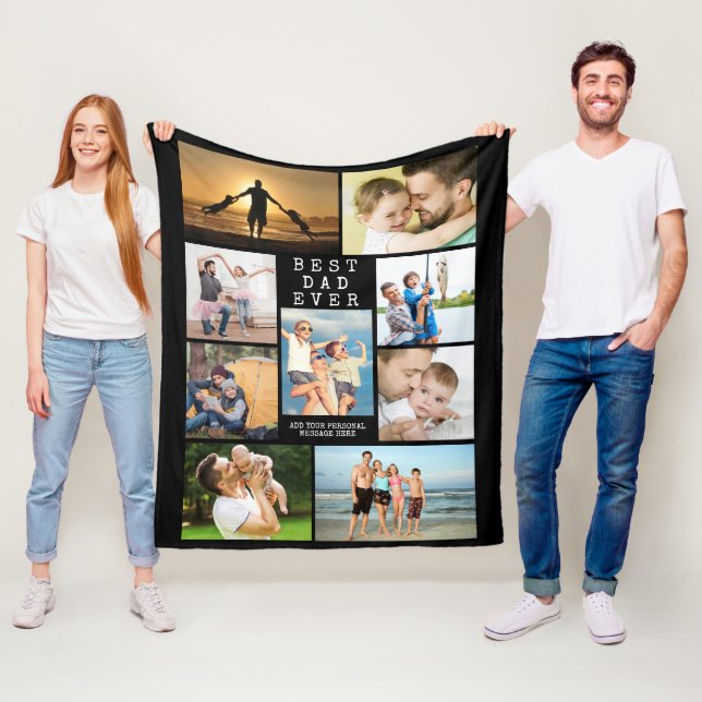 Minimal BEST DAD EVER 9 Photo Collage Personalised Fleece Blanket (In Situ)