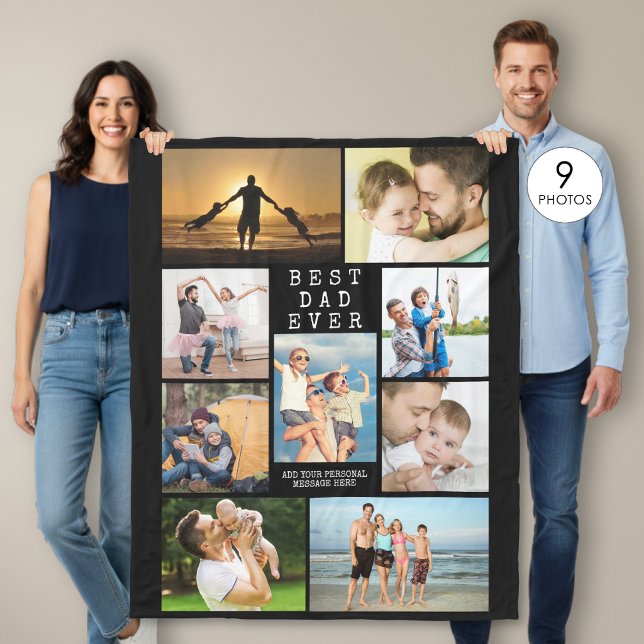 Minimal BEST DAD EVER 9 Photo Collage Personalised Fleece Blanket (Creator Uploaded)