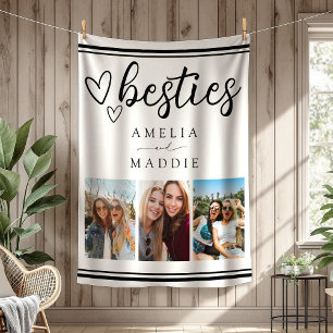 Minimal Besties Photo Collage Black and White  Fleece Blanket