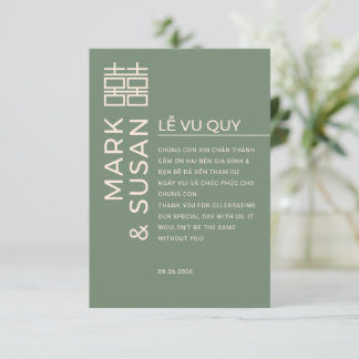 Minimal Bilingual Vietnamese Wedding Green Thank You Card