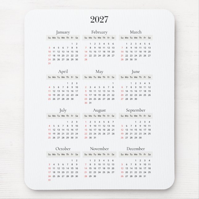 Minimal Black 2027 Calendar | Any background colou Mouse Mat (Front)