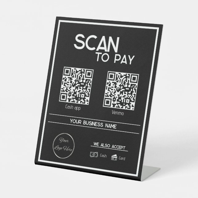 Minimal black 2 QR code simple scan to pay  Pedestal Sign (Front)
