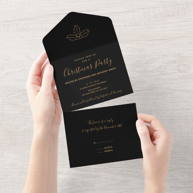 Minimal Black and Gold Mistletoe Christmas All In One Invitation (Tearaway)