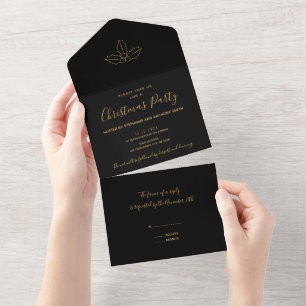 Minimal Black and Gold Mistletoe Christmas All In One Invitation