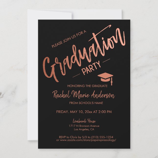 Minimal Black and Rose Gold Graduation Party Photo Invitation (Front)