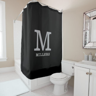 Minimal Black And Silver Family Name Monogrammed  Shower Curtain