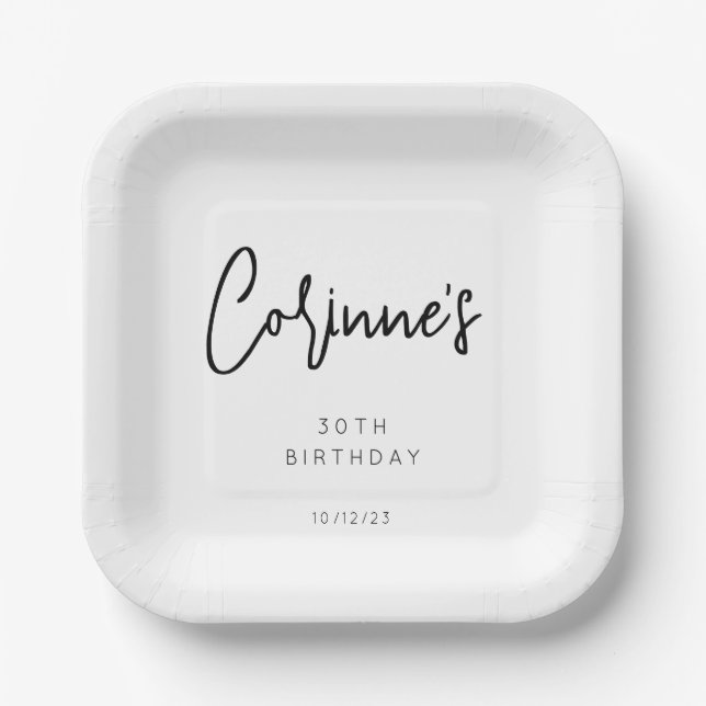 Minimal Black and White 30th Birthday Party Paper Plate (Front)