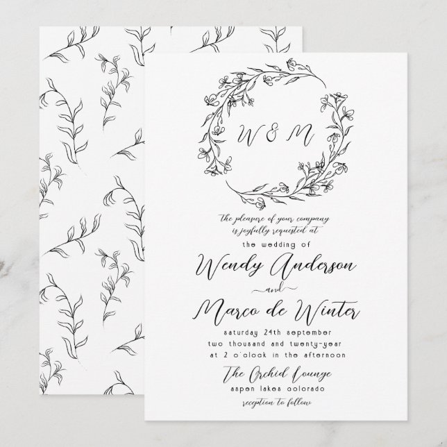 Minimal Black and White Boho Botanical Wedding Invitation (Front/Back)