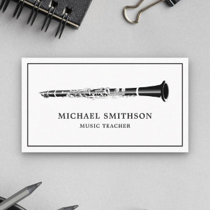 Minimal Black and White Clarinet Music Teacher Business Card