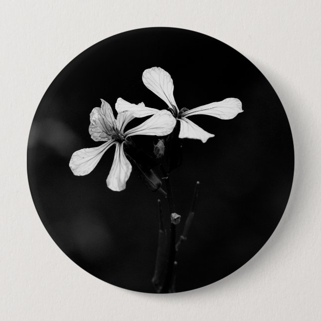 minimal black and white floral 10 cm round badge (Front)