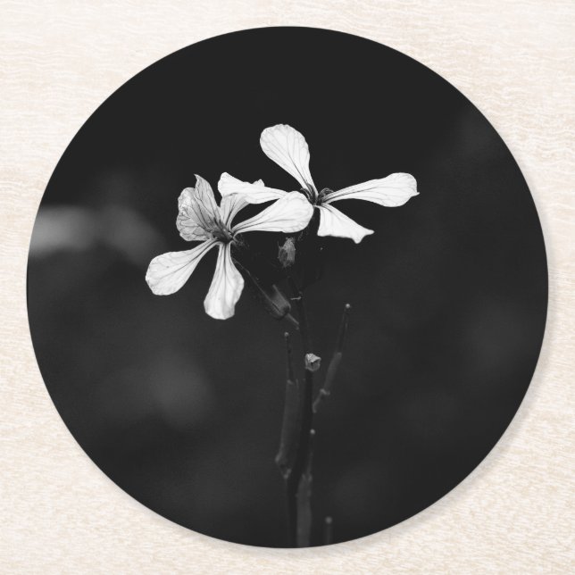 minimal black and white floral round paper coaster (Front)