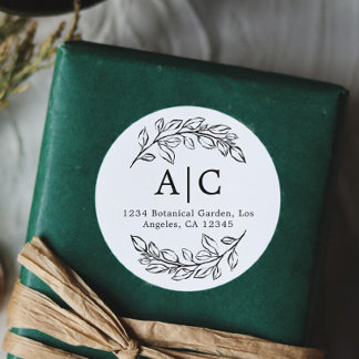 Minimal Black and White Foliage Return Address Classic Round Sticker