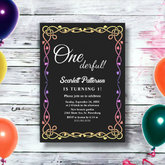 Minimal Black And White Glow Frame 1st Birthday Invitation