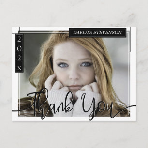 Minimal Black and White Lines Photo Grad Thank You Postcard