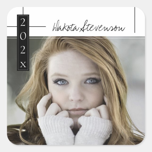 Minimal Black and White Lines Photo Grad Thank You Square Sticker (Front)