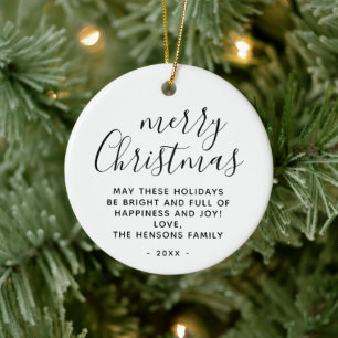 Minimal Black and White Merry Christmas Script Ceramic Tree Decoration
