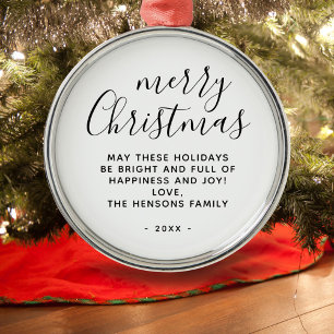 Minimal Black and White Merry Christmas Script Metal Tree Decoration