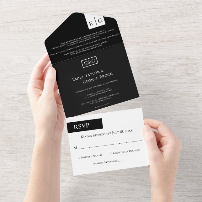 Minimal Black And White Monogram Elegant Wedding All In One Invitation (Tearaway)