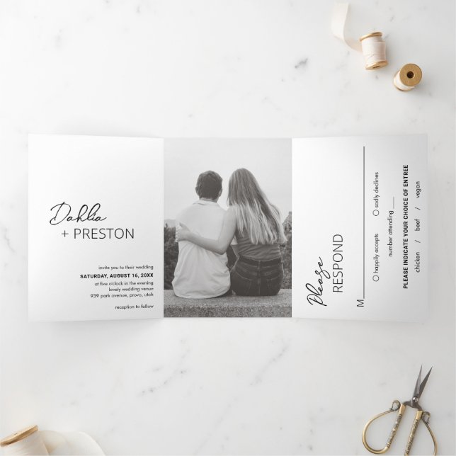 Minimal Black and White Photo Modern Wedding Tri-Fold Invitation (Inside)