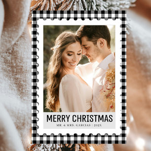 Minimal Black and White Photo Plaid Holiday Card