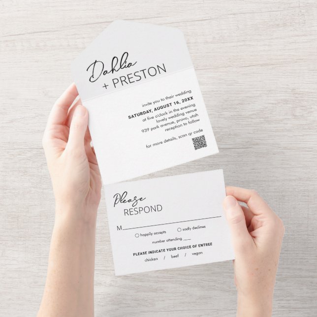 Minimal Black and White QR Code Modern Wedding All In One Invitation (Tearaway)