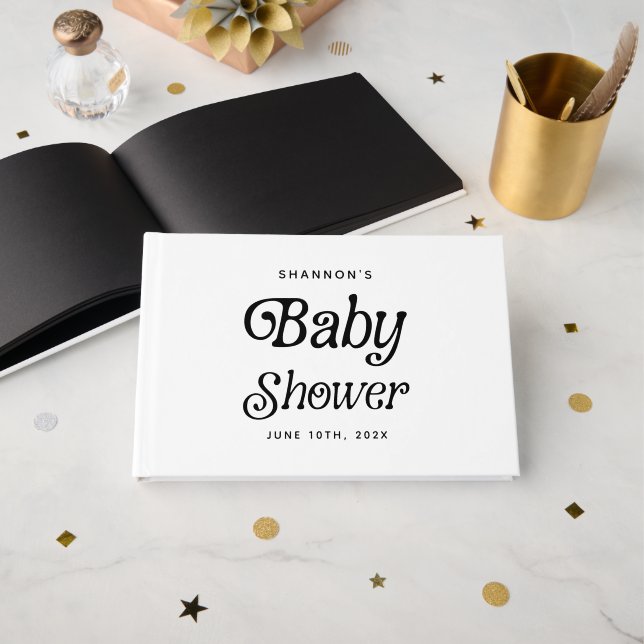 Minimal Black and White Retro Baby Shower Guest Book (Front Open)