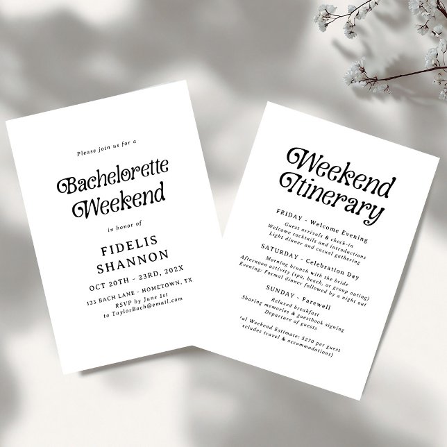 Minimal Black and White Retro Bachelorette Weekend Invitation (Creator Uploaded)