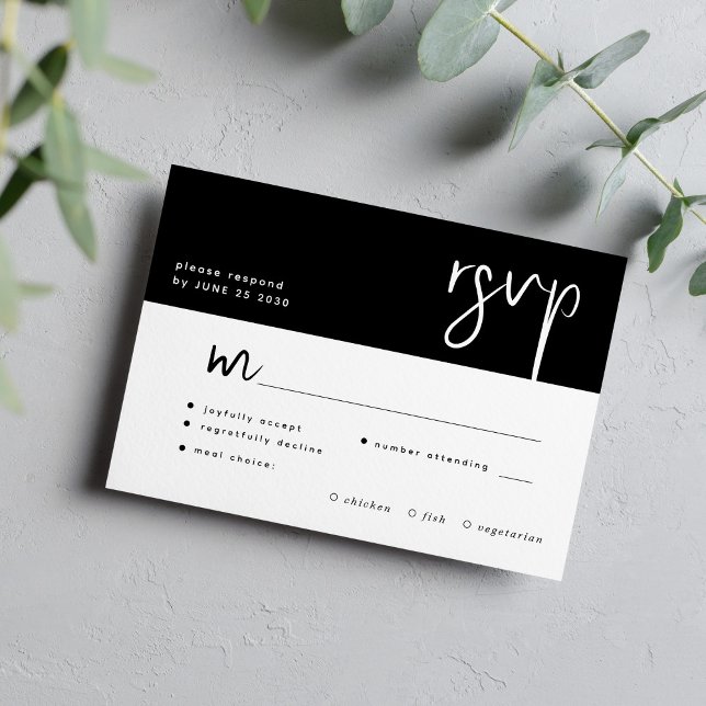 Minimal black and white script meal choice wedding RSVP card (Creator Uploaded)