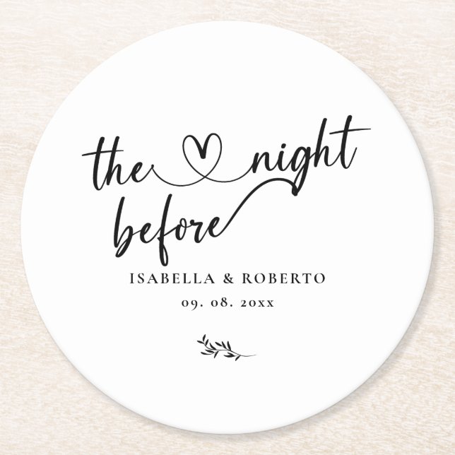 Minimal Black and White The Night Before  Round Paper Coaster (Front)