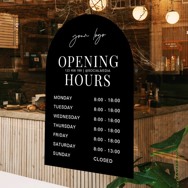 Minimal Black Arch Business Logo Opening Times Window Cling (Use it for your coffee shop, boutique, salon or office)
