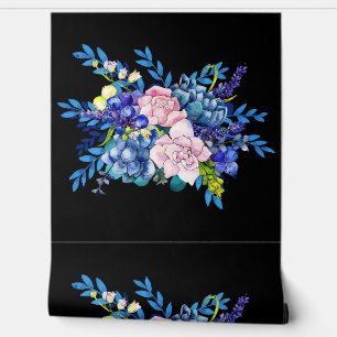 Minimal Black Blue and Pink Colour Floral Design Wallpaper