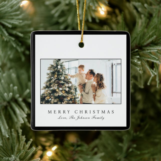 Minimal Black Border Photo Elegant Christmas Ceramic Ornament (Tree)